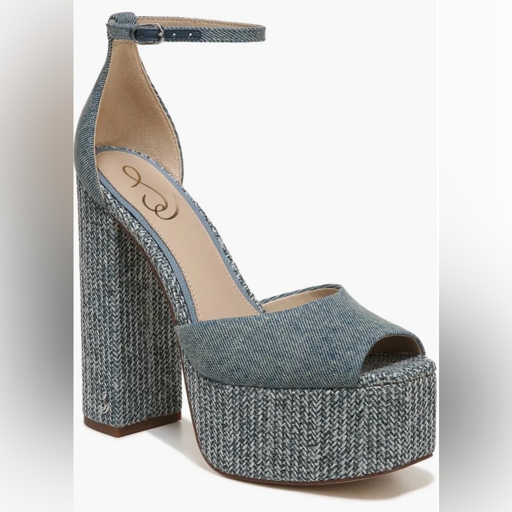 Woven Denim Platform Ankle-Strap Sandal - Blue